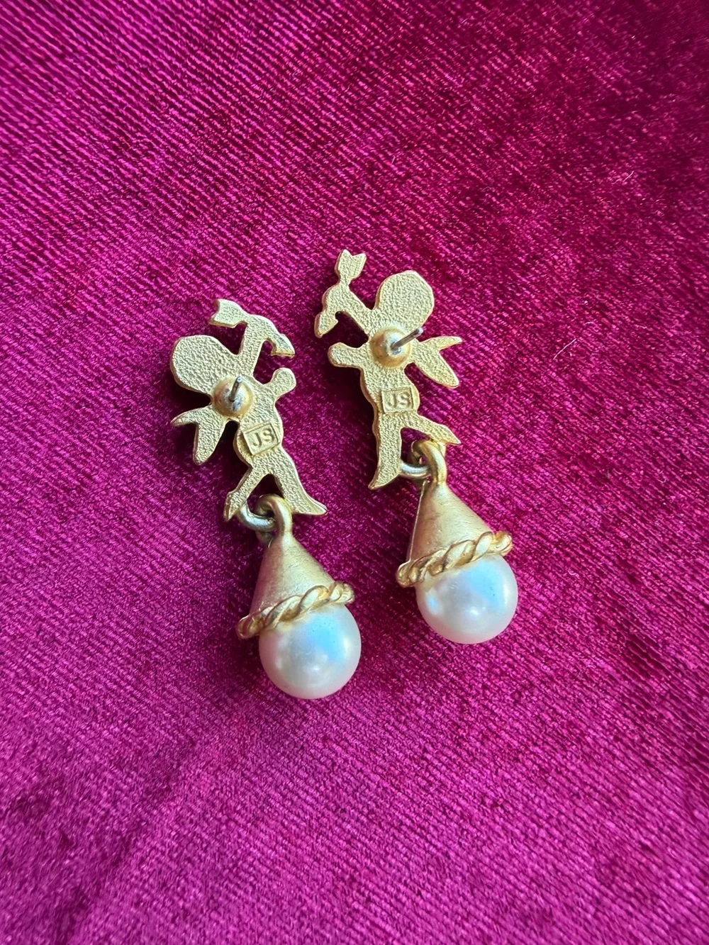 Jim Shore Yellow Gold Toned Angel Cherub Pearl Drop Earrings